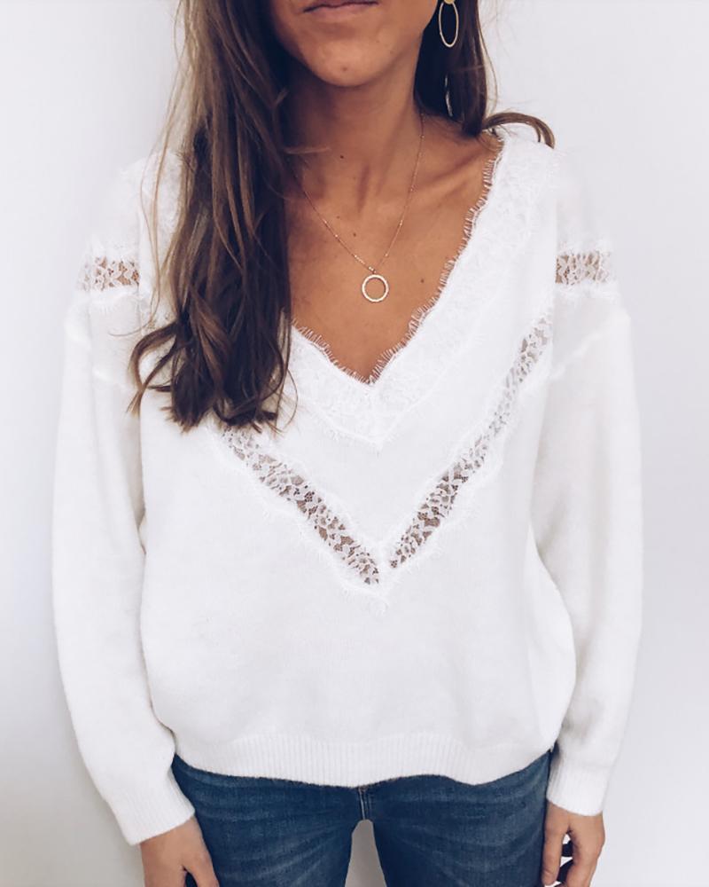 Solid Lace Hollow Out Detail Sweater