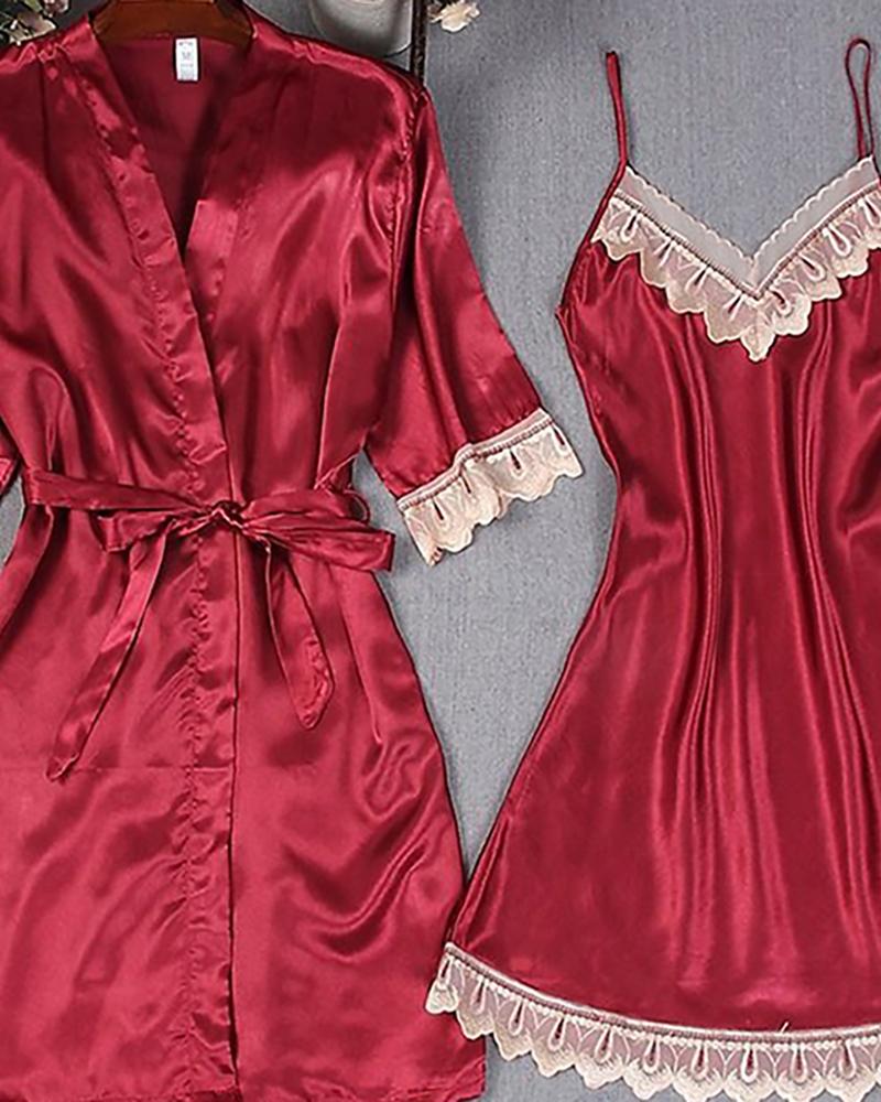 Lace Trim Satin Robe & Gown Set