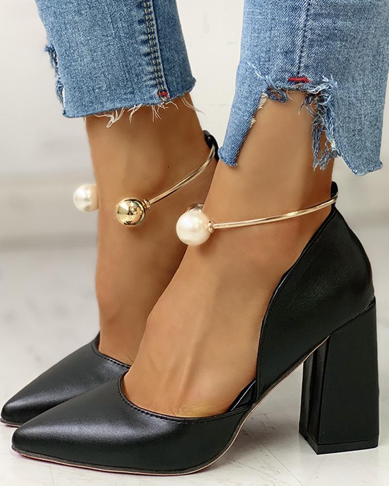 Solid Pointed Toe Beaded Chunky Heels