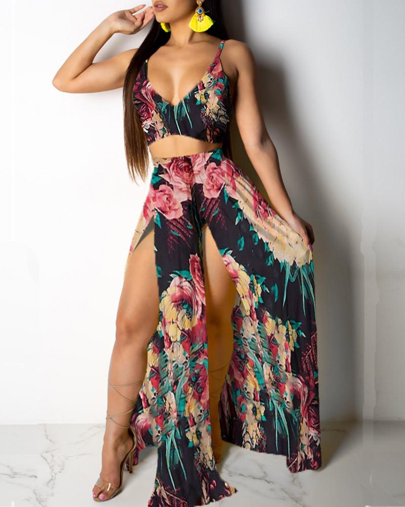 Tropical Print Cami Top & Thigh Slit Skirt Sets