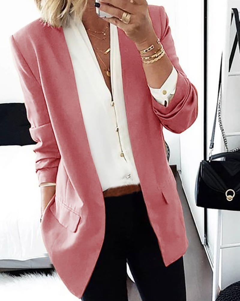 Outlet26 Solid Long Sleeve Pocket Design Blazer Coat pink