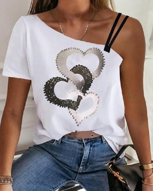 Heart Print One-Shoulder Short Sleeves Casual Blouse