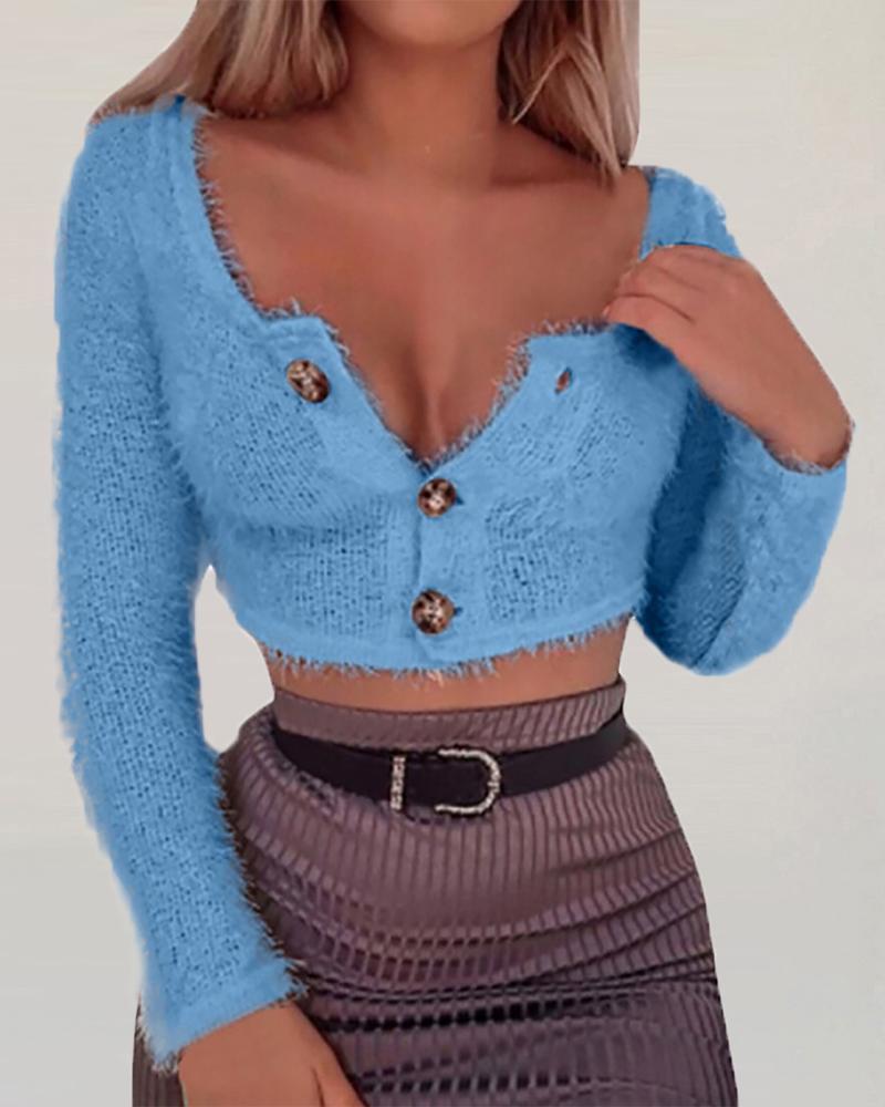 Solid Long Sleeve Buttoned Crop Sweater