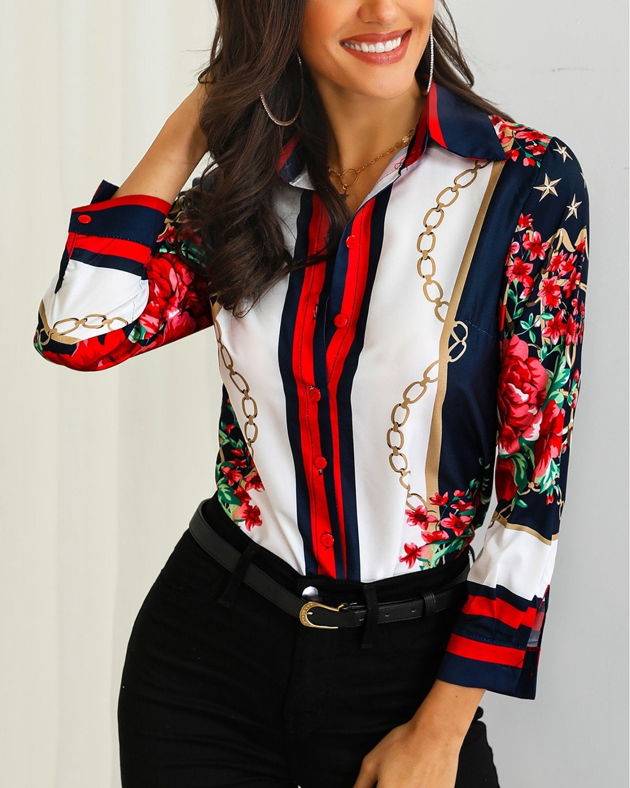 Floral & Chains Print Casual Blouse
