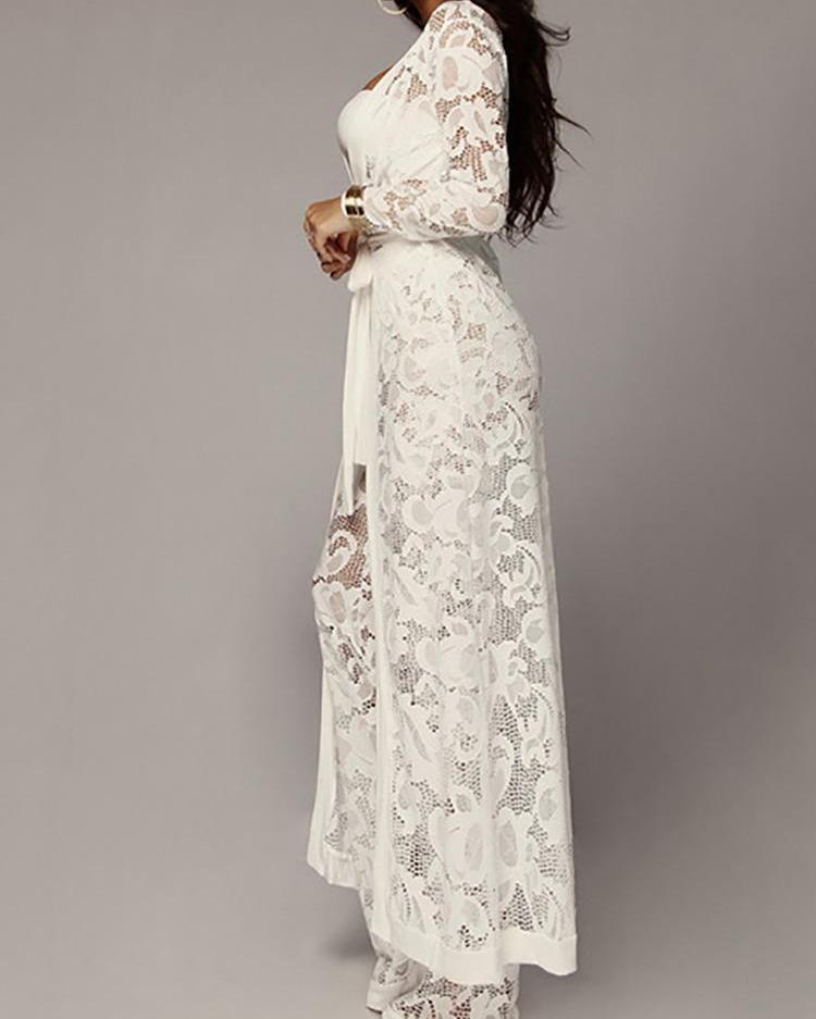 Lace Tie Waist Cardigan & Pants With Strapless Top Sets