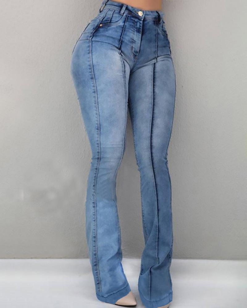 Outlet26 Solid High Waist Bell-Bottom Jeans blue