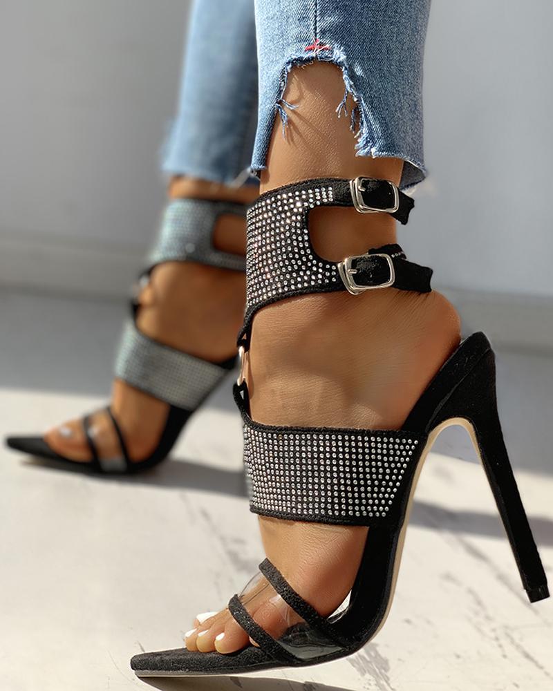 Sequins Strap Buckled Thin Heeled Sandals