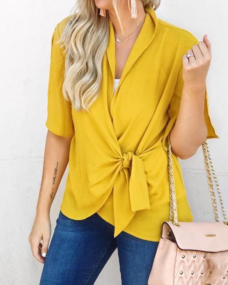 Outlet26 Short Sleeve Tie Side Wrap Blouse yellow