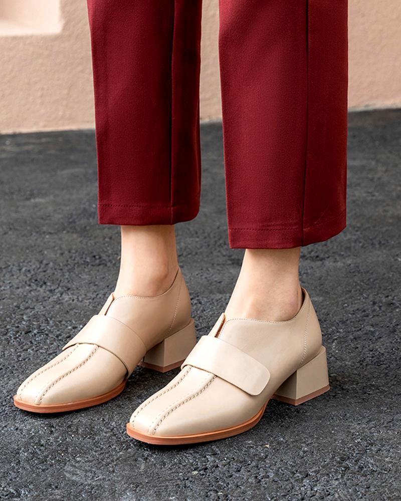 Outlet26 Block Heel Leather Loafers Apricot