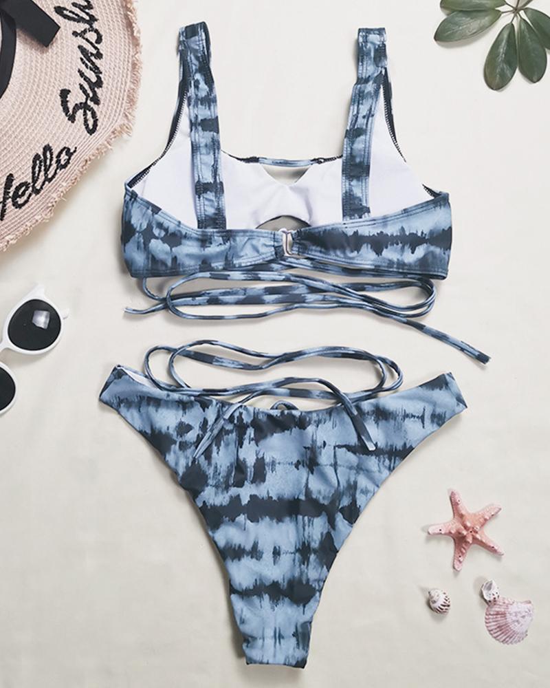 Tie Dye Print Cut-out Lace-up 3-Piece Bikini Sets