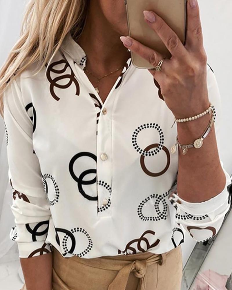 Buttoned Print Long Sleeve Casual Blouse