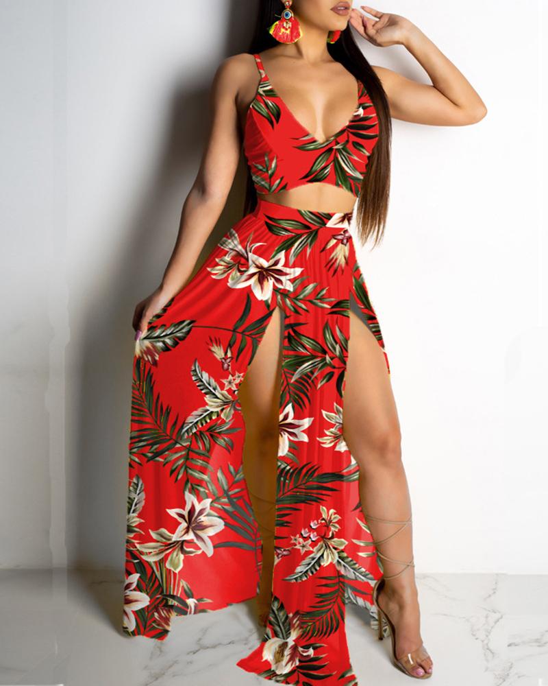 Outlet26 Tropical Print Cami Top & Thigh Slit Skirt Sets red