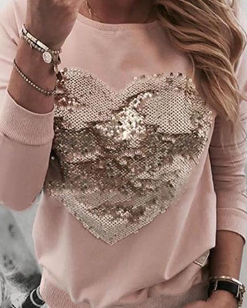 Sequins Heart Pattern Round Neck Blouse