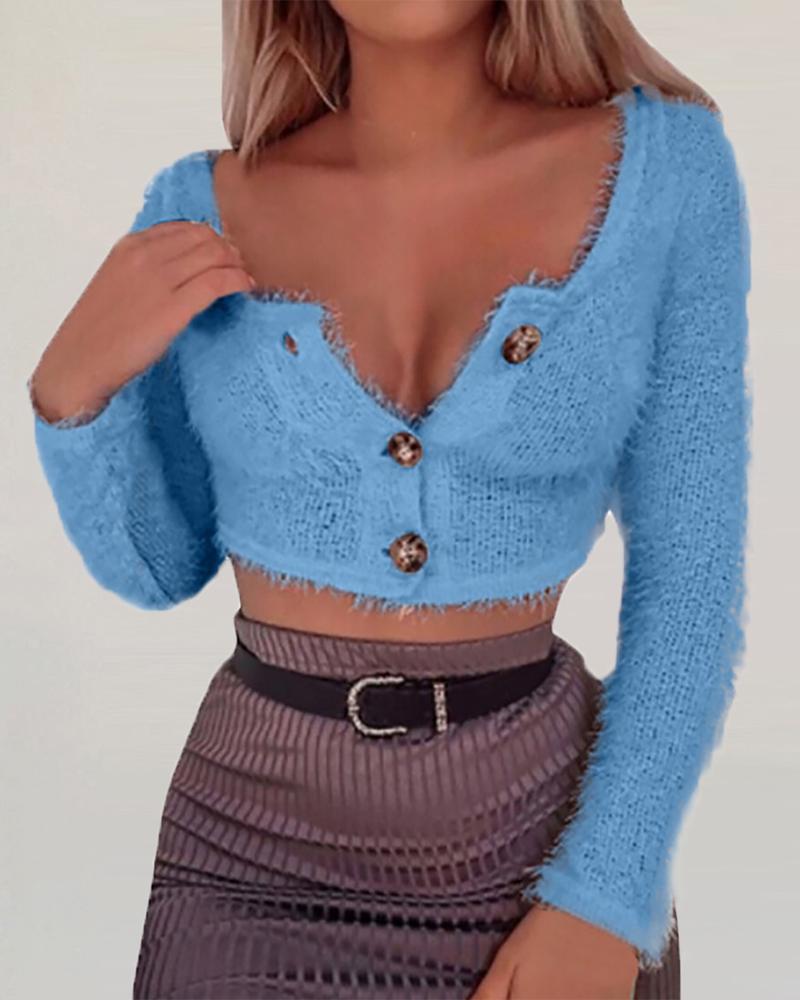Outlet26 Solid Long Sleeve Buttoned Crop Sweater blue