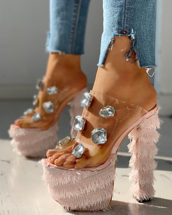 Outlet26 Fluffy Transparent Platform Chunky Heeled Sandals pink