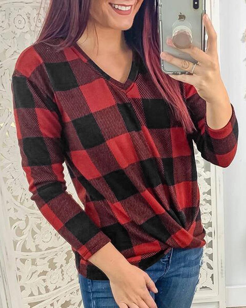 Outlet26 V Neck Long Sleeve Plaid Top red