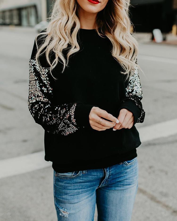 Outlet26 Glittering Sequins Design Casual Sweatshirt black