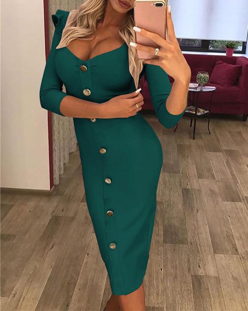 Outlet26 Solid Gold Button Front Midi Dress green