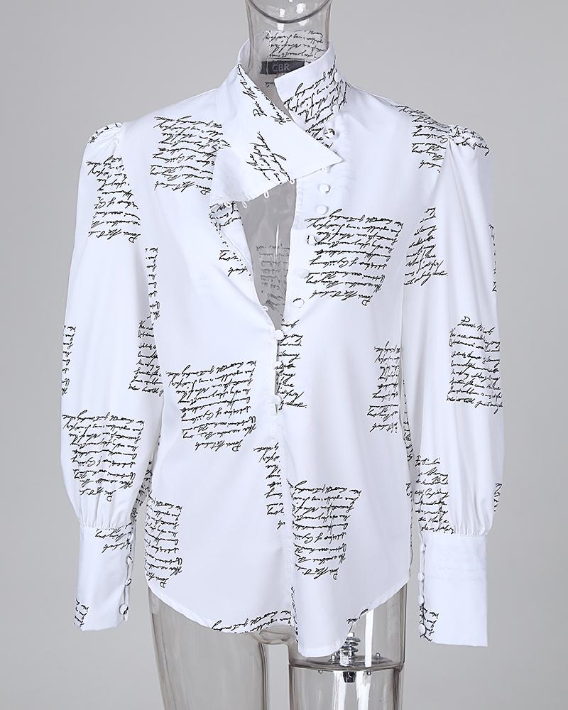 Stand Neck Letter Print Buttoned Shirt