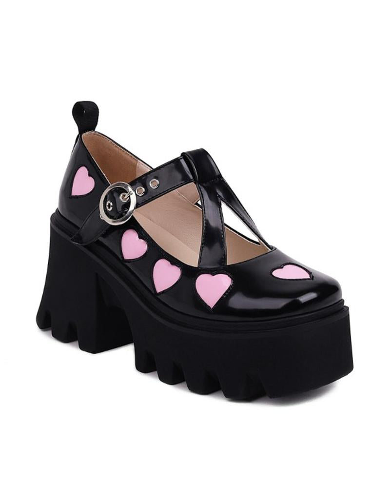 Chic Womens Hearts Round Toe Cutout Strap Buckle Shoes