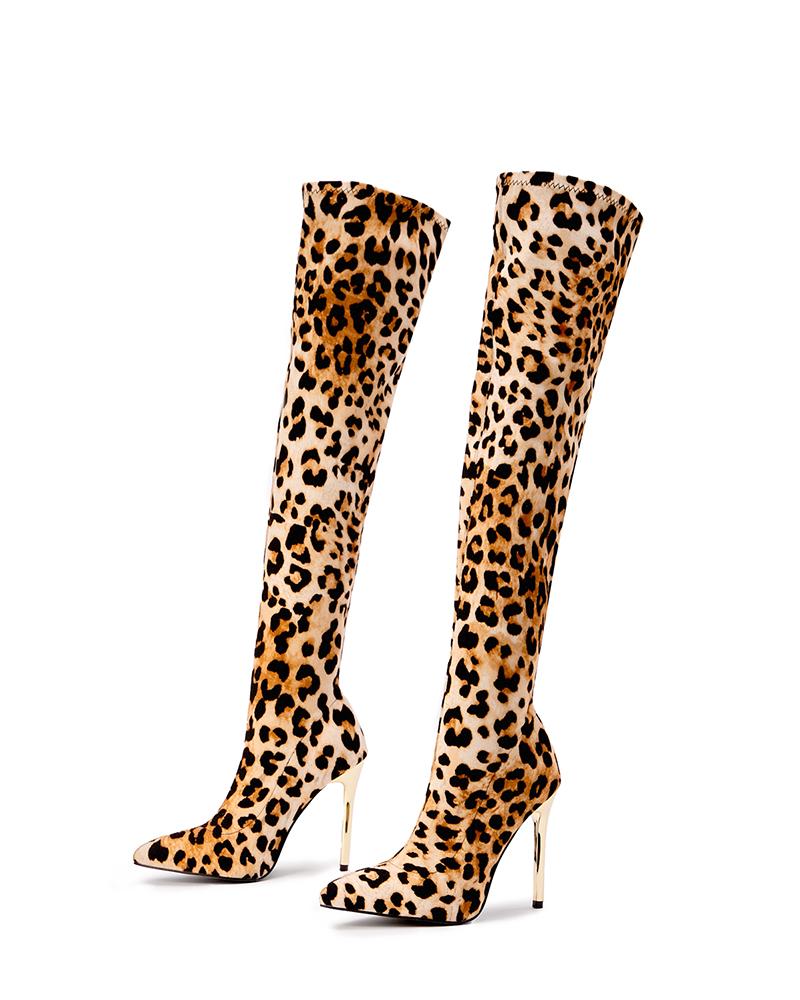 Womens Leopard Printed Point Toe Over The Knee Boots