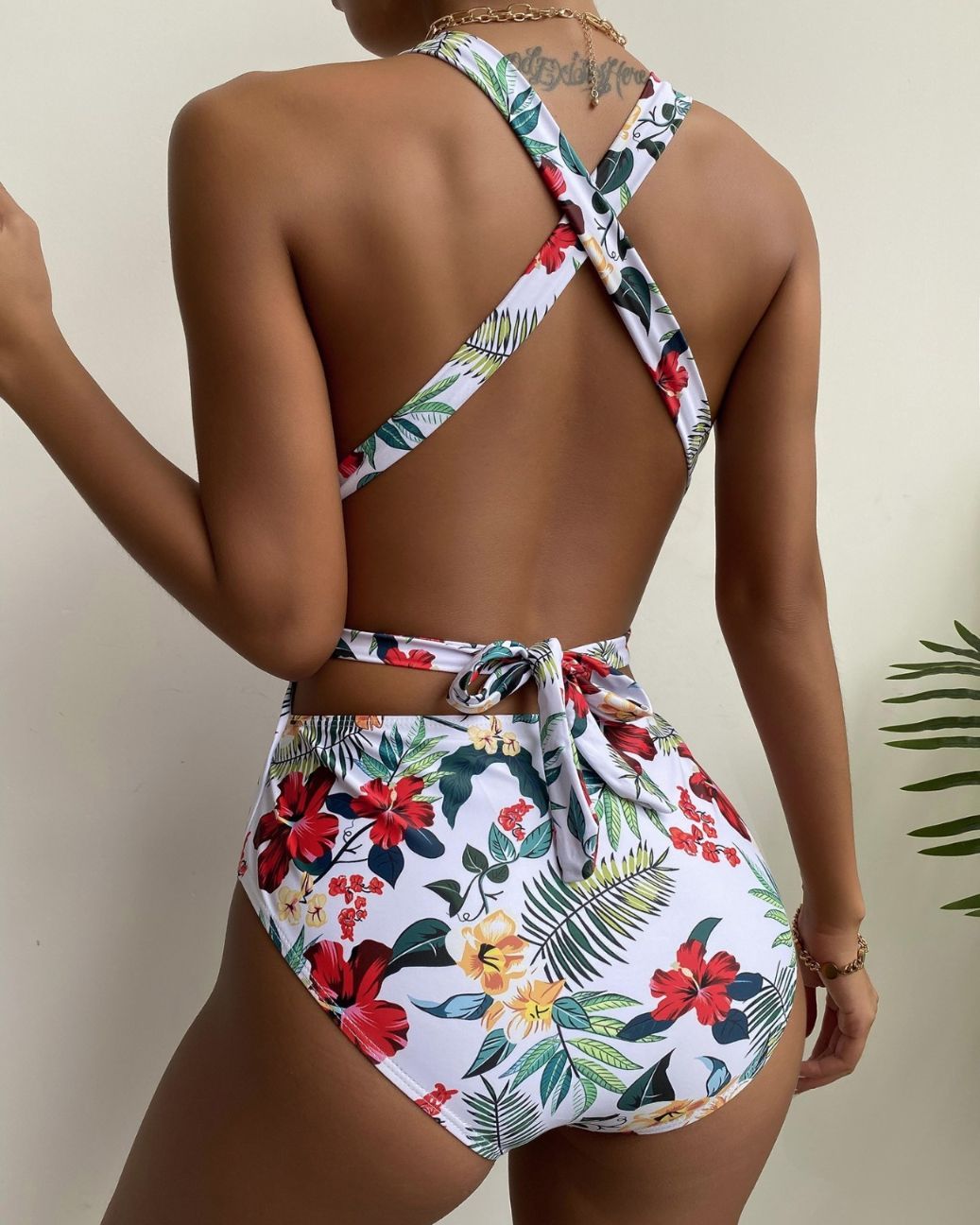 Floral Print Crisscross Backless One Piece Swimsuit