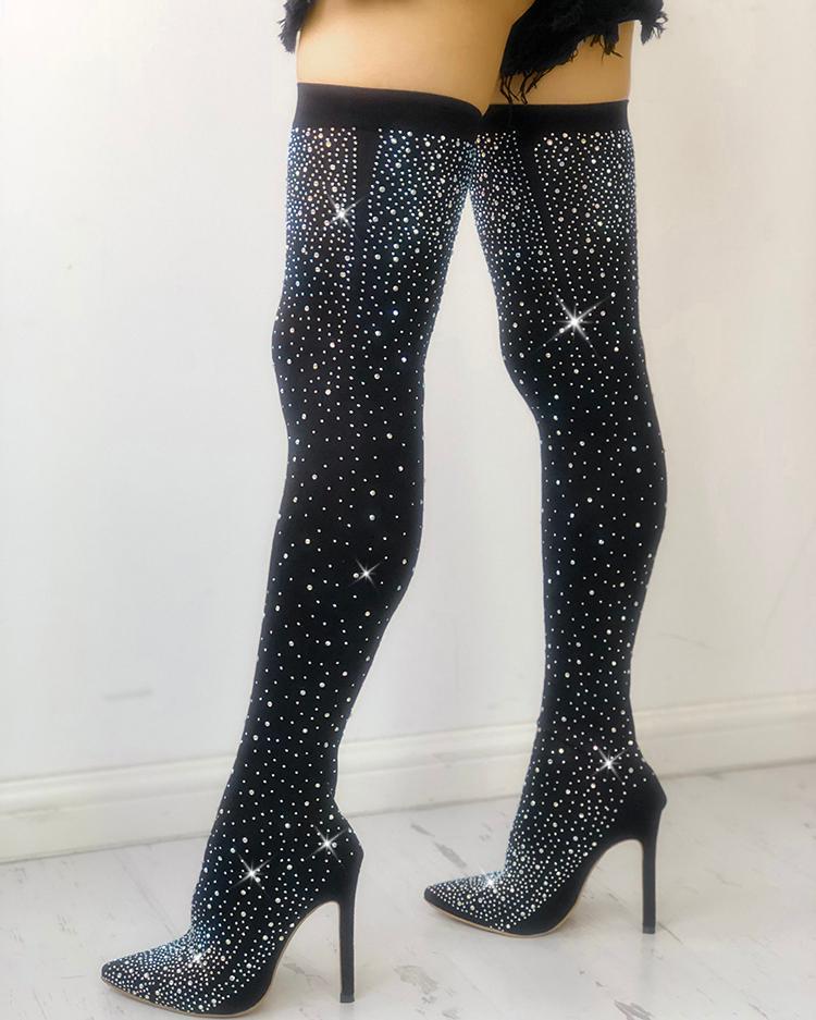 Outlet26 Shiny Sequins Knee-High Thin Heel Boots black