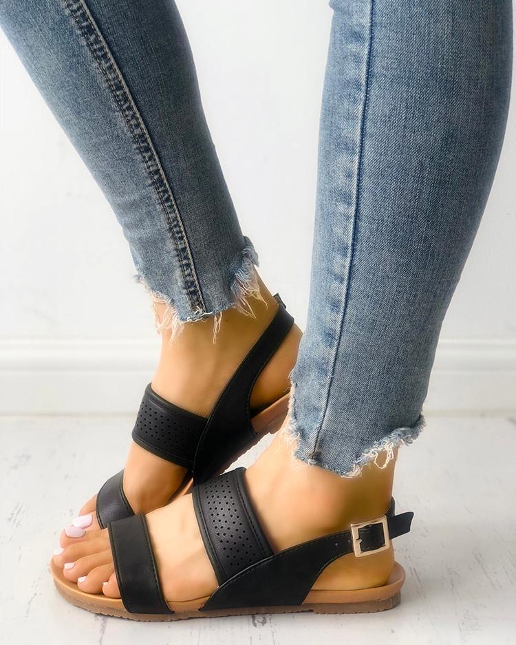 Eyelet Buckled Double Strap Flat Sandals