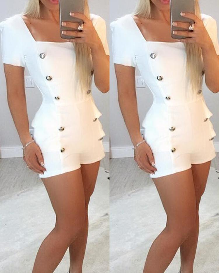Double-Breasted Short Sleeve White Romper