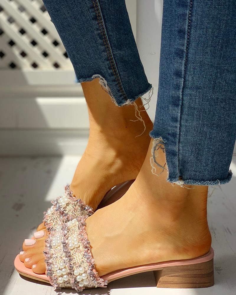 Outlet26 Beaded Design Chunky Heeled Sandals pink
