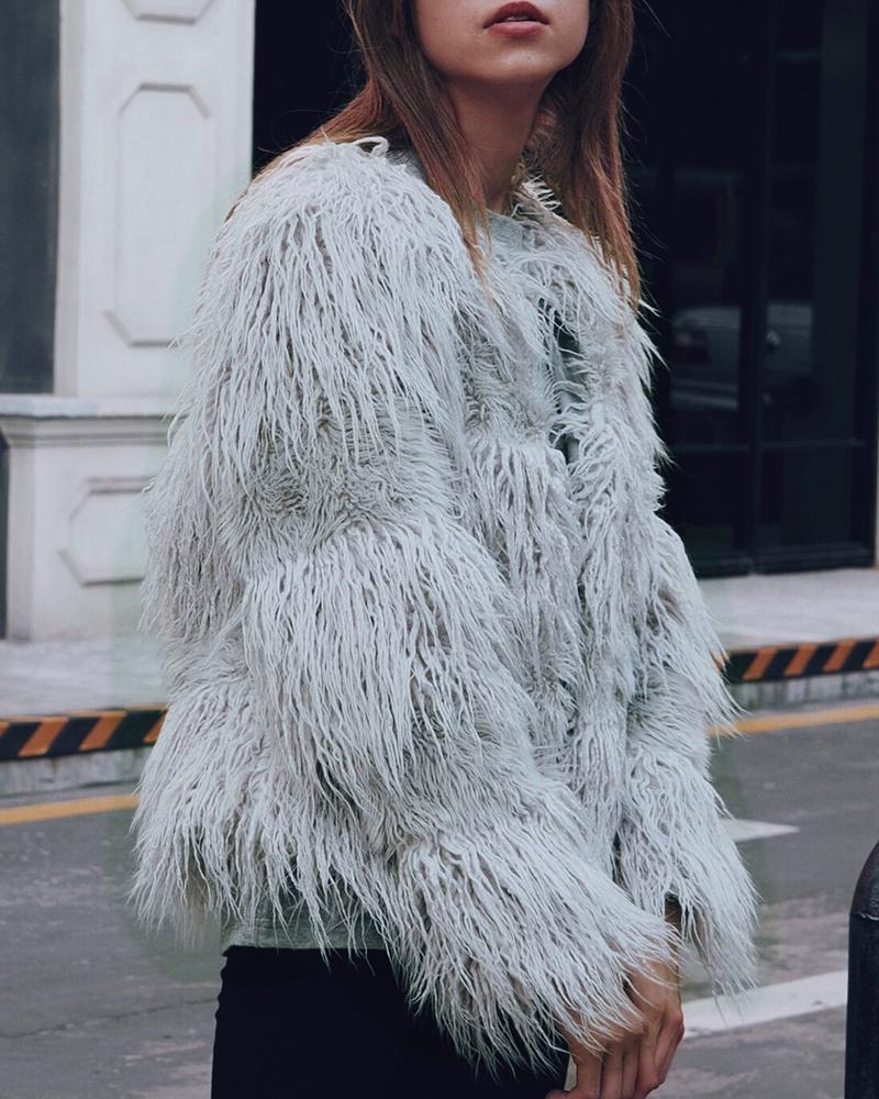 Solid Open Front Fur Fluffy Coat