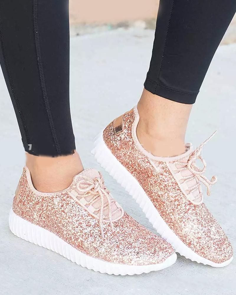 Sequined Flat Lace-Up Casual Sneakers