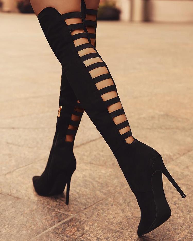 Outlet26 Back Ladder Cutout Knee-high Stiletto Boots black