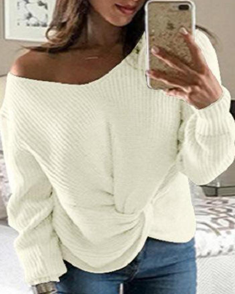 Solid Ribbed Knit Long Sleeve Sweater