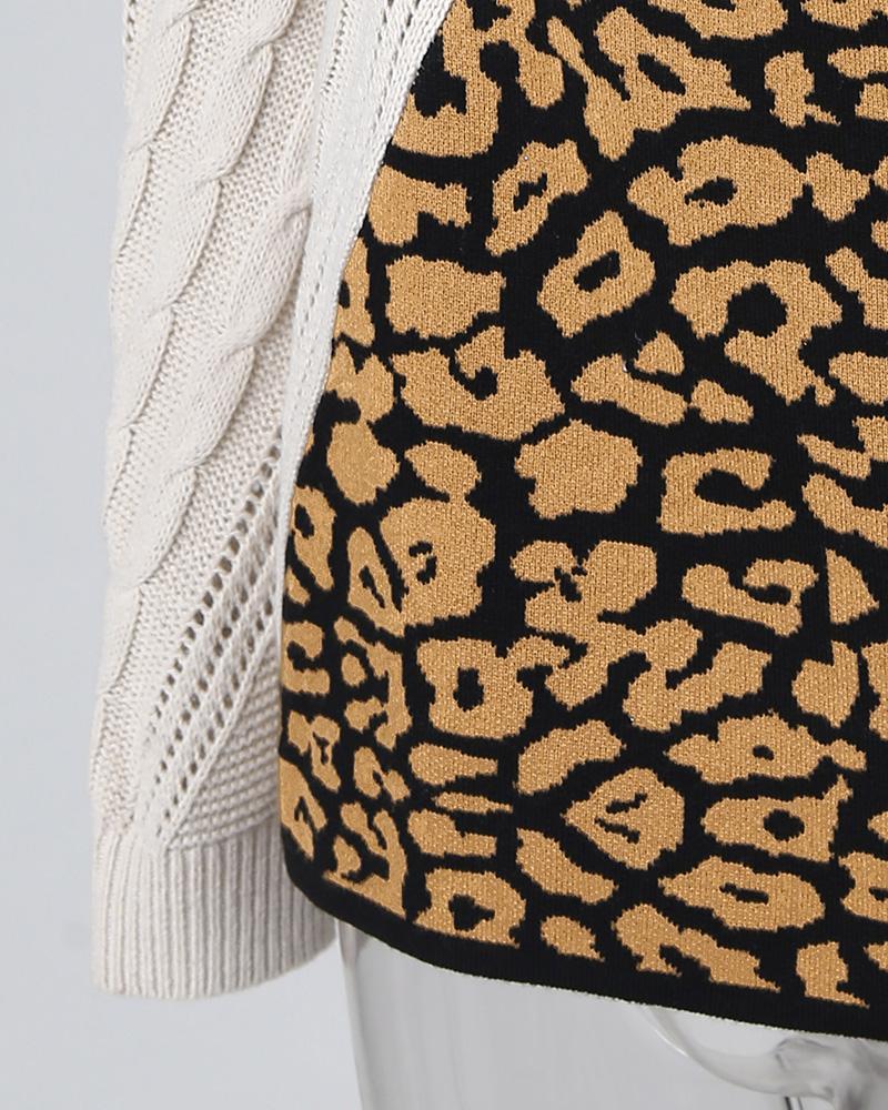 High Neck Colorblock Leopard Cut Out Knitting Sweater