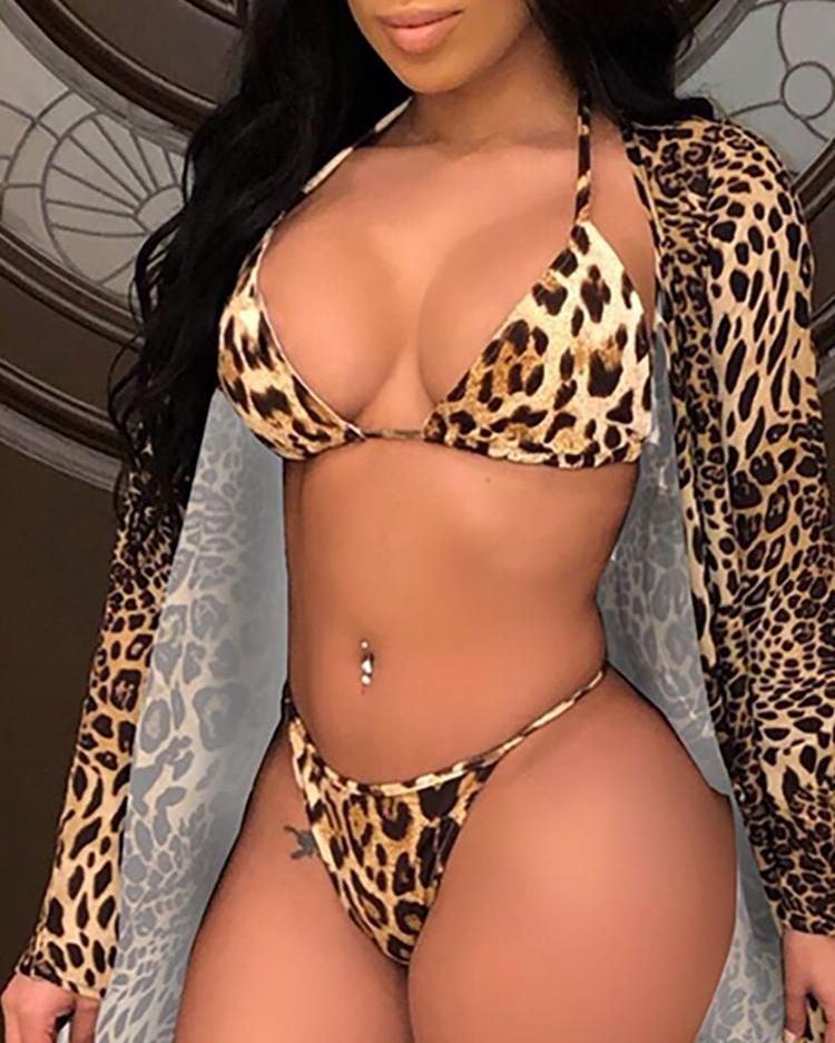 Halter Leopard Print Bikini With Cover Up