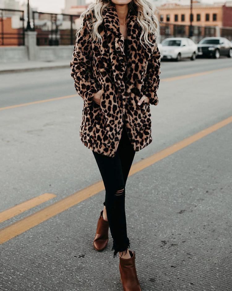 Leopard Print Casual Faux Fur Coat