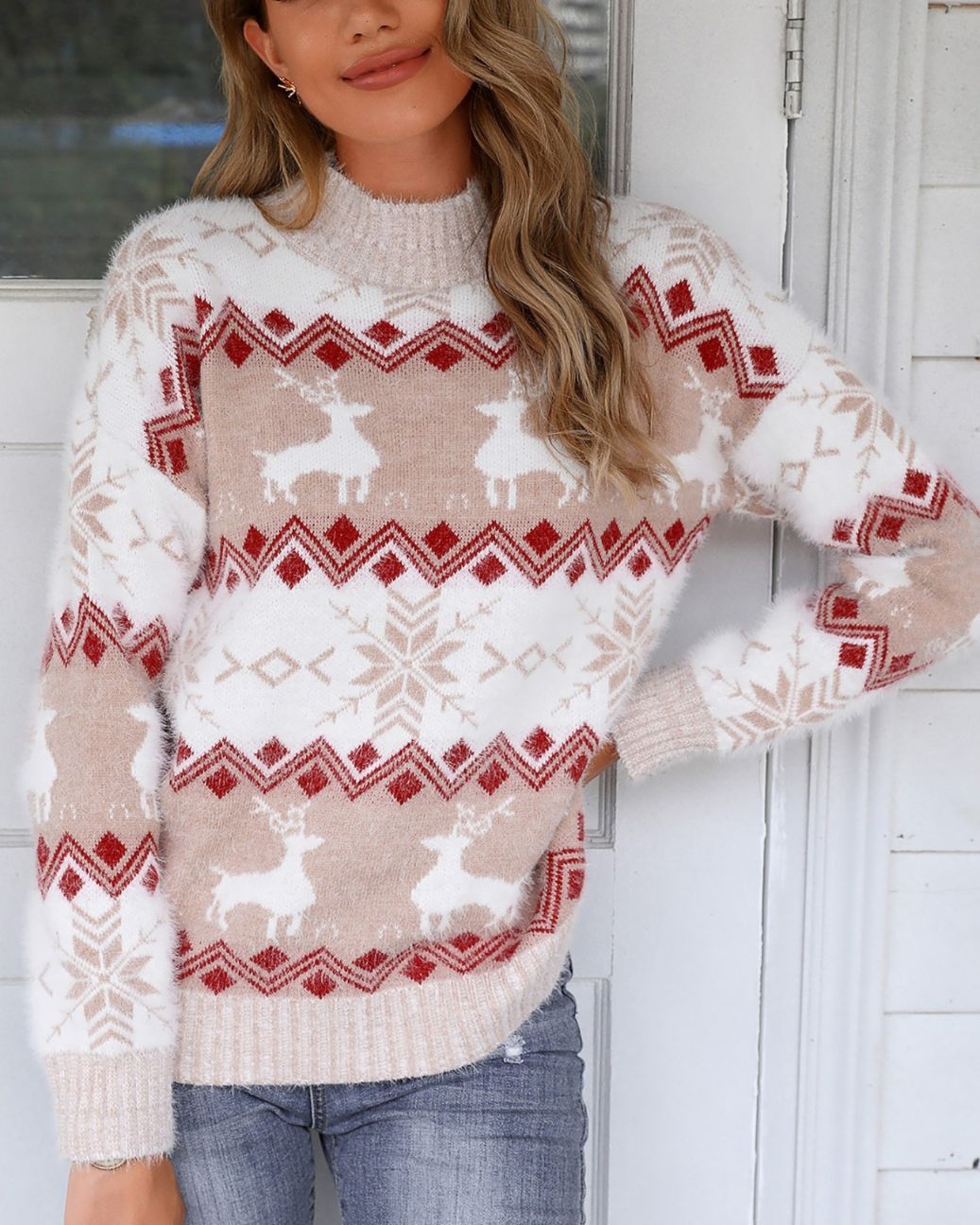Christmas Fluffy Reindeer Print Knit Ugly Sweater