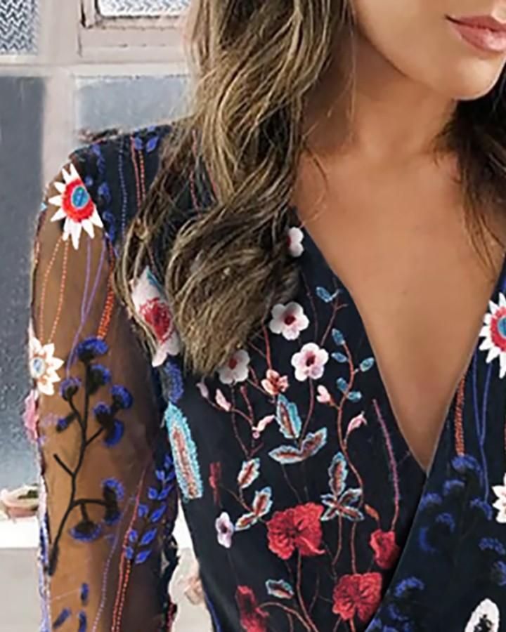 Sheer Mesh Floral Embroidery Blouse