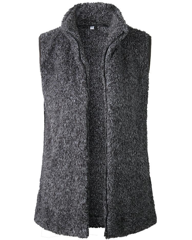 Fluffy Zipper Pocket Design Sleeveless Coats