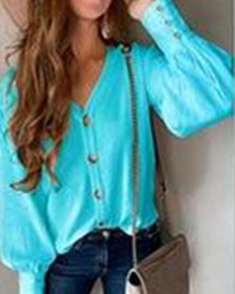 Solid V-Neck Button Up Top