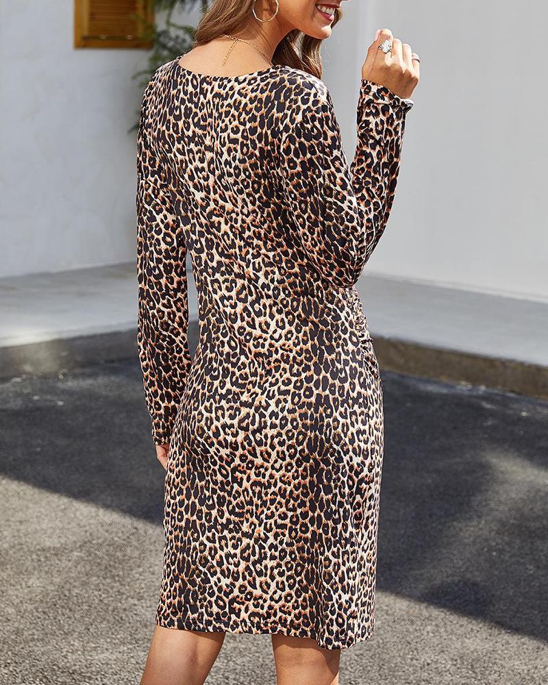 V Neck Leopard Midi Dress