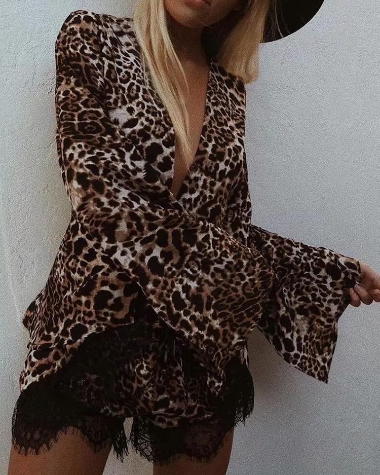 Leopard Print Knot Flared Sleeve Blouse