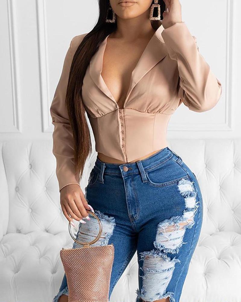 Solid Deep V Button Front Top