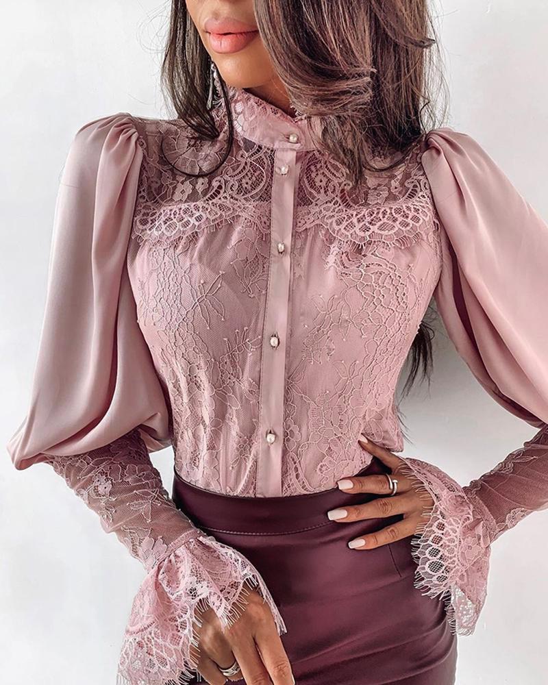 Outlet26 Lace Patchwork Puff Sleeve Buttoned Blouse pink