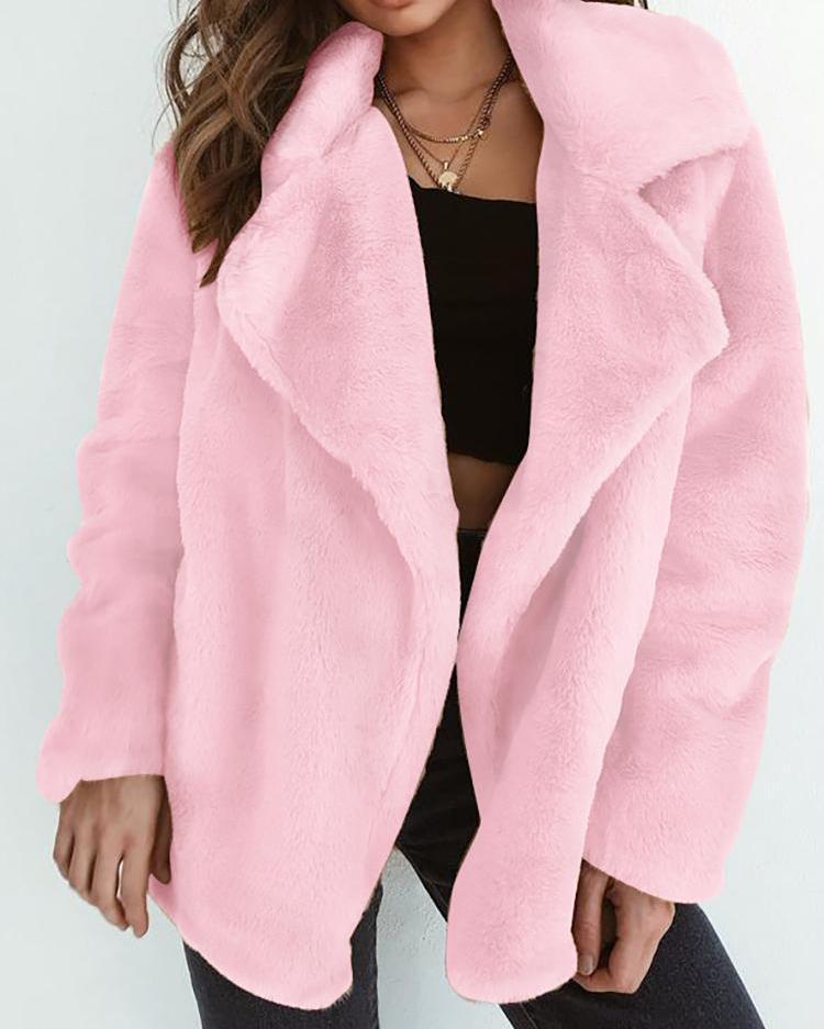 Outlet26 Solid Fluffy Open Front Long Sleeve Coat pink