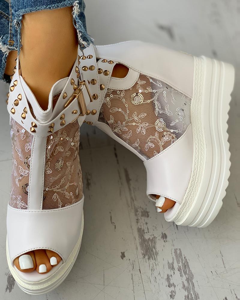 Mesh Lace Rivet Peep Toe Platform Sandals