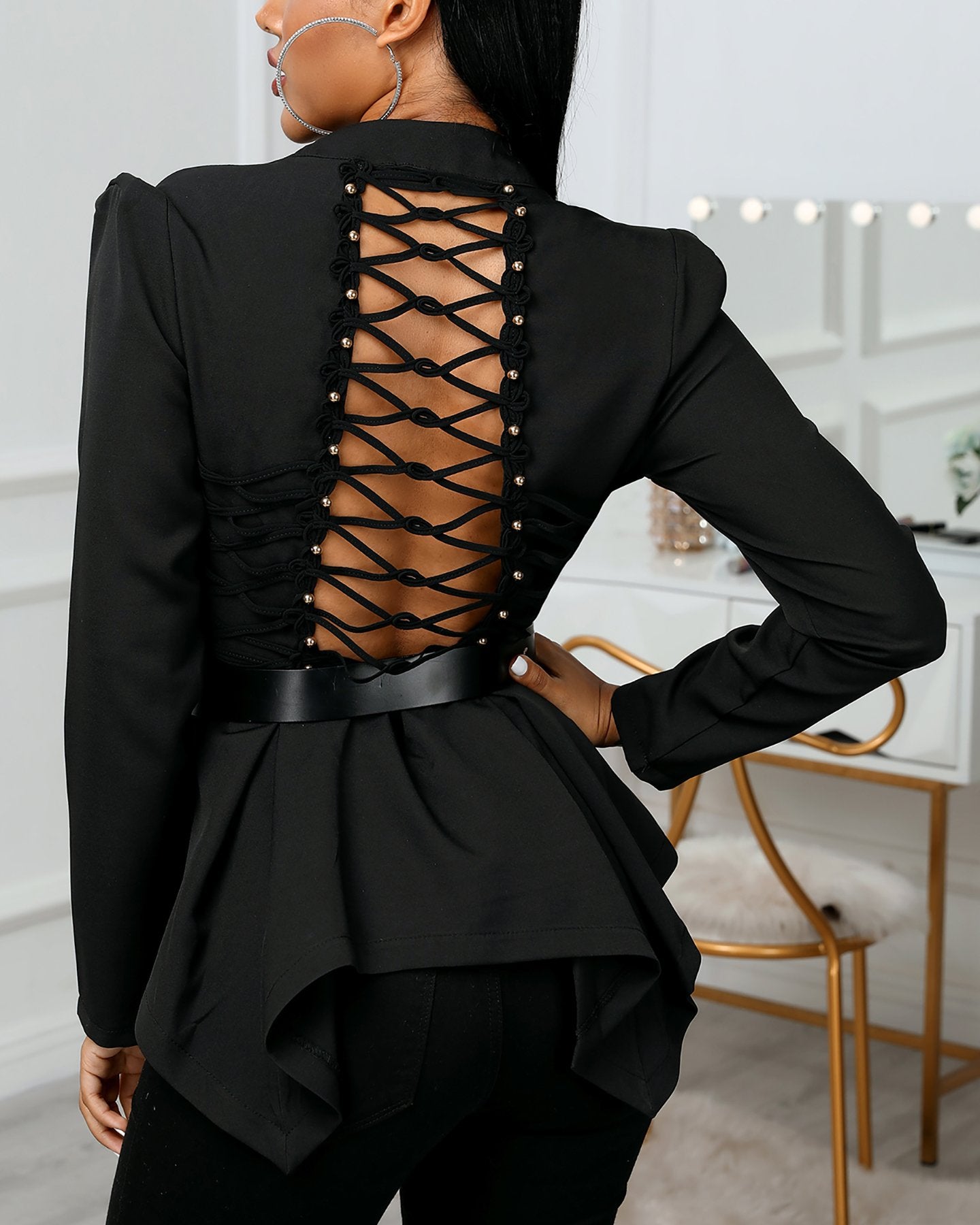 Solid Backless Lace-Up Design Blouse