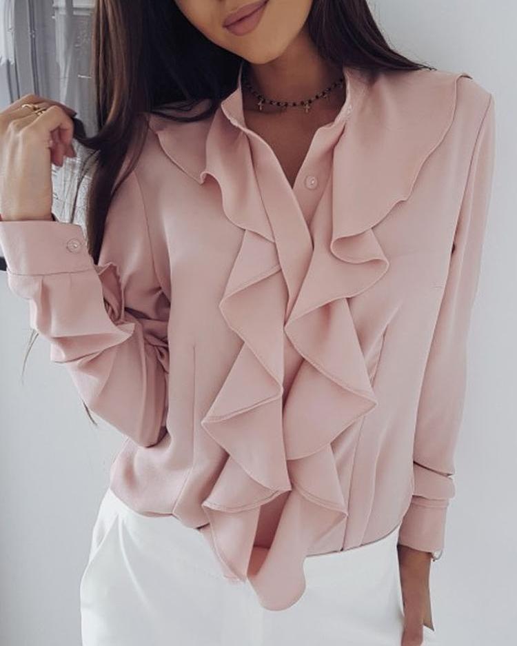Outlet26 Solid Ruffles Design Long Sleeve Casual Blouse pink