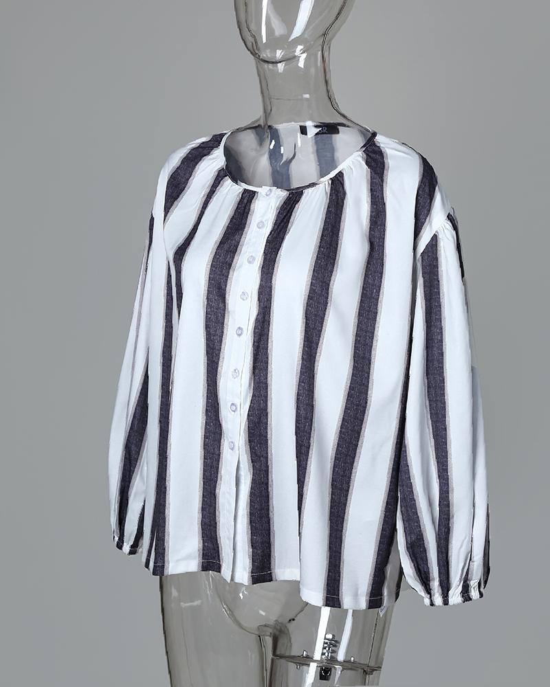 Striped V-Neck Buttoned Casual Blouse